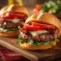 Gourmet Beef Cheeseburger with Crispy Bacon and Fresh Vegetables