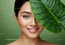 Close-Up of Young Woman with Bright Skin Behind Green Leaf