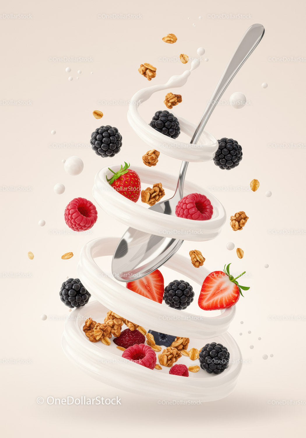 Fresh Berries and Granola Swirling with Yogurt and Spoon