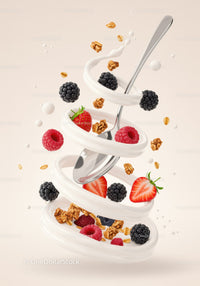 Fresh Berries and Granola Swirling with Yogurt and Spoon