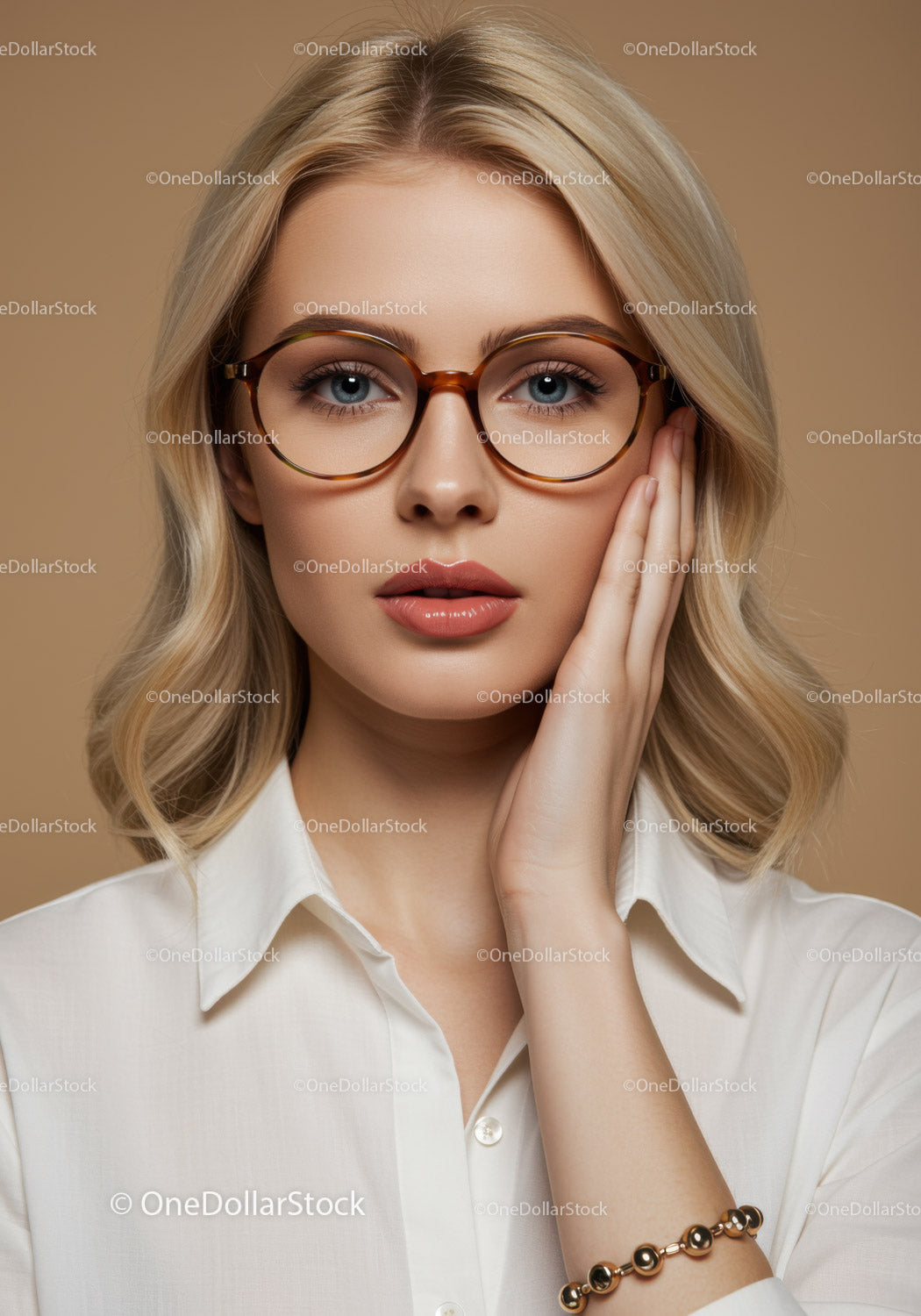 Fashionable Woman with Blonde Hair and Glasses in Elegant Style