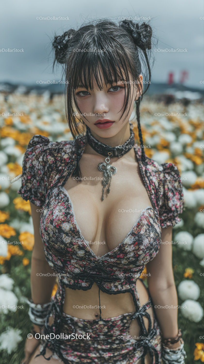 Young Woman with Dark Hair and Bangs in Floral Crop Top Outdoors