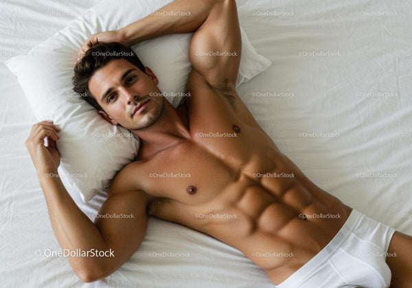 Relaxed muscular man lying on white bed resting