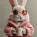 Cute Bunny Wearing Sunglasses and Cozy Pink Sweater Holding Coffee Mug