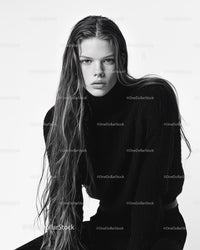 Fashion Model Portrait in Black Turtleneck with Wet Hair