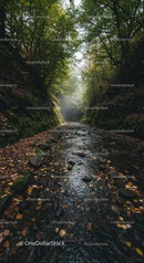 Tranquil forest stream surrounded by autumn leaves
