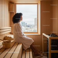 Relaxing Woman Sitting in Wooden Sauna Room with City View