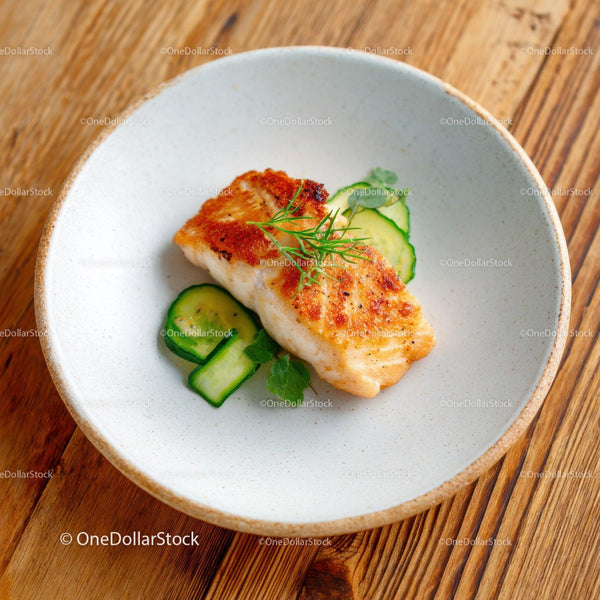Fresh Grilled Fish Fillet with Cucumber Garnish on White Ceramic Plate
