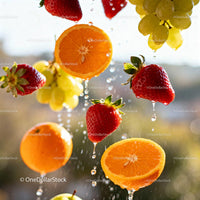 Fresh Strawberries and Citrus Drops in Midair Splash