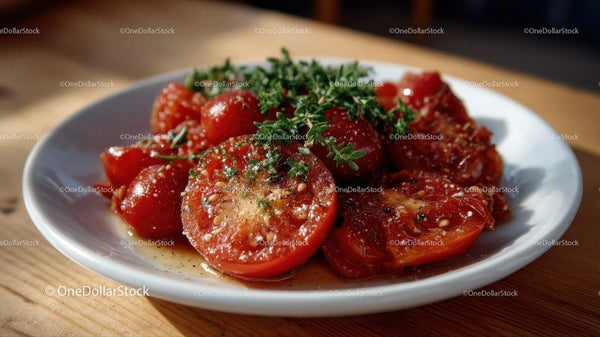 Vibrant Fresh Tomatoes Garnished with Thyme on a White Plate