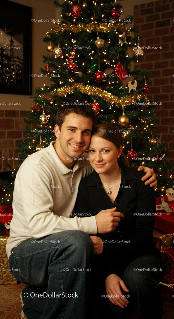 Couple Smiling Together by Decorated Christmas Tree