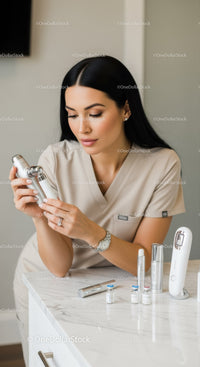 Professional Woman Using Advanced Skincare Device in Modern Clinic