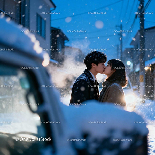Couple Sharing a Tender Kiss in Snowy Evening