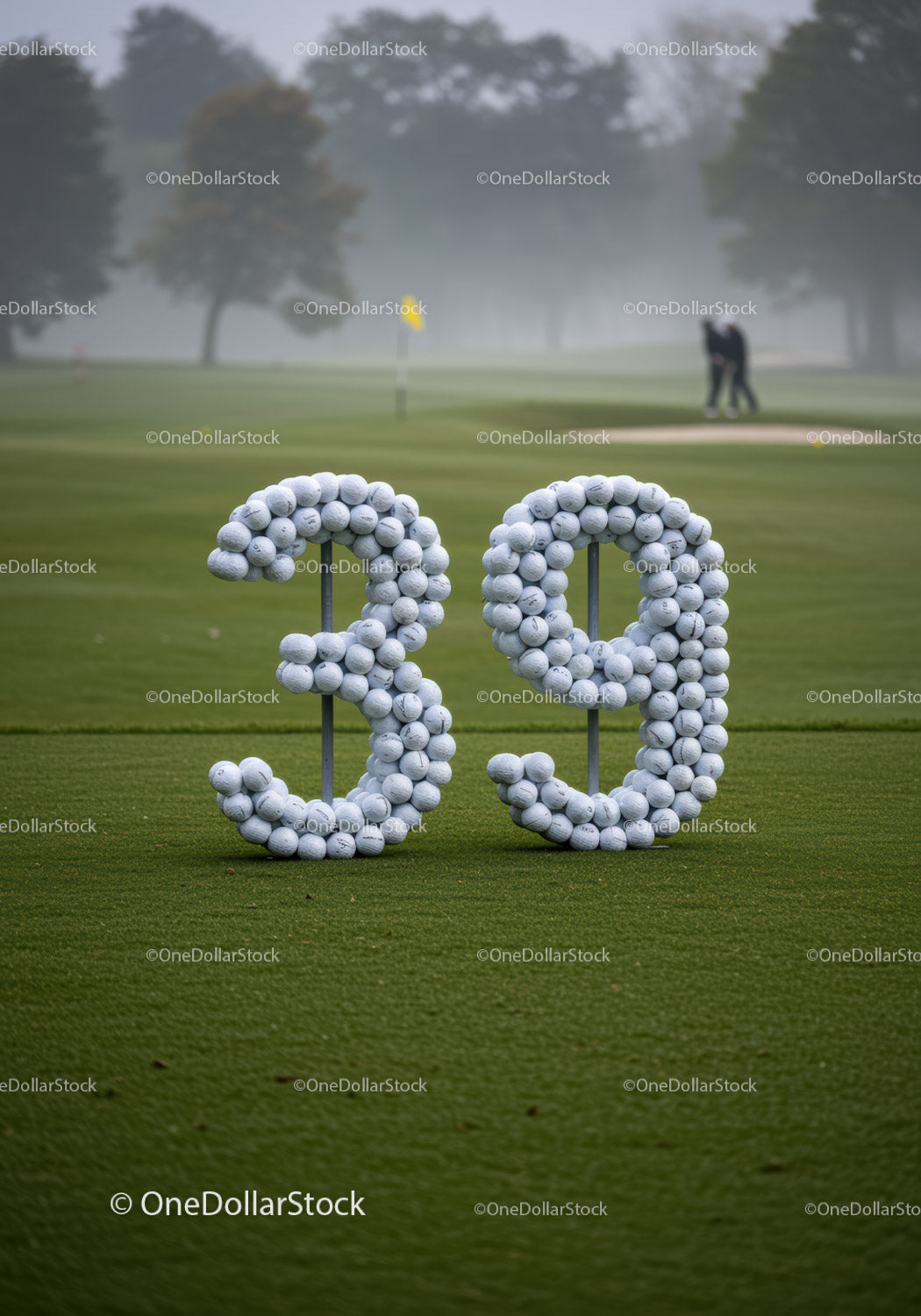 Golf balls arranged in numbers on misty course
