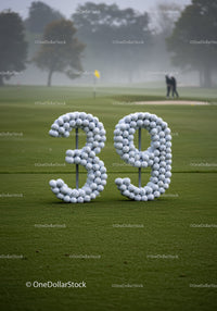 Golf balls arranged in numbers on misty course