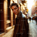 Chic Woman in Brown Coat Walking Through Busy City Street