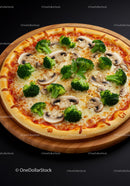 Veggie pizza topped with broccoli and mushrooms on board