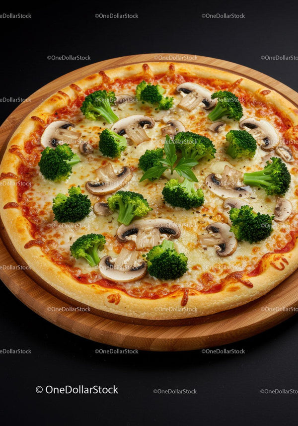 Veggie pizza topped with broccoli and mushrooms on board