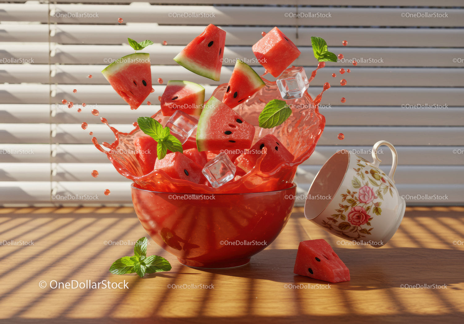Watermelon slices and ice cubes splashing from bowl