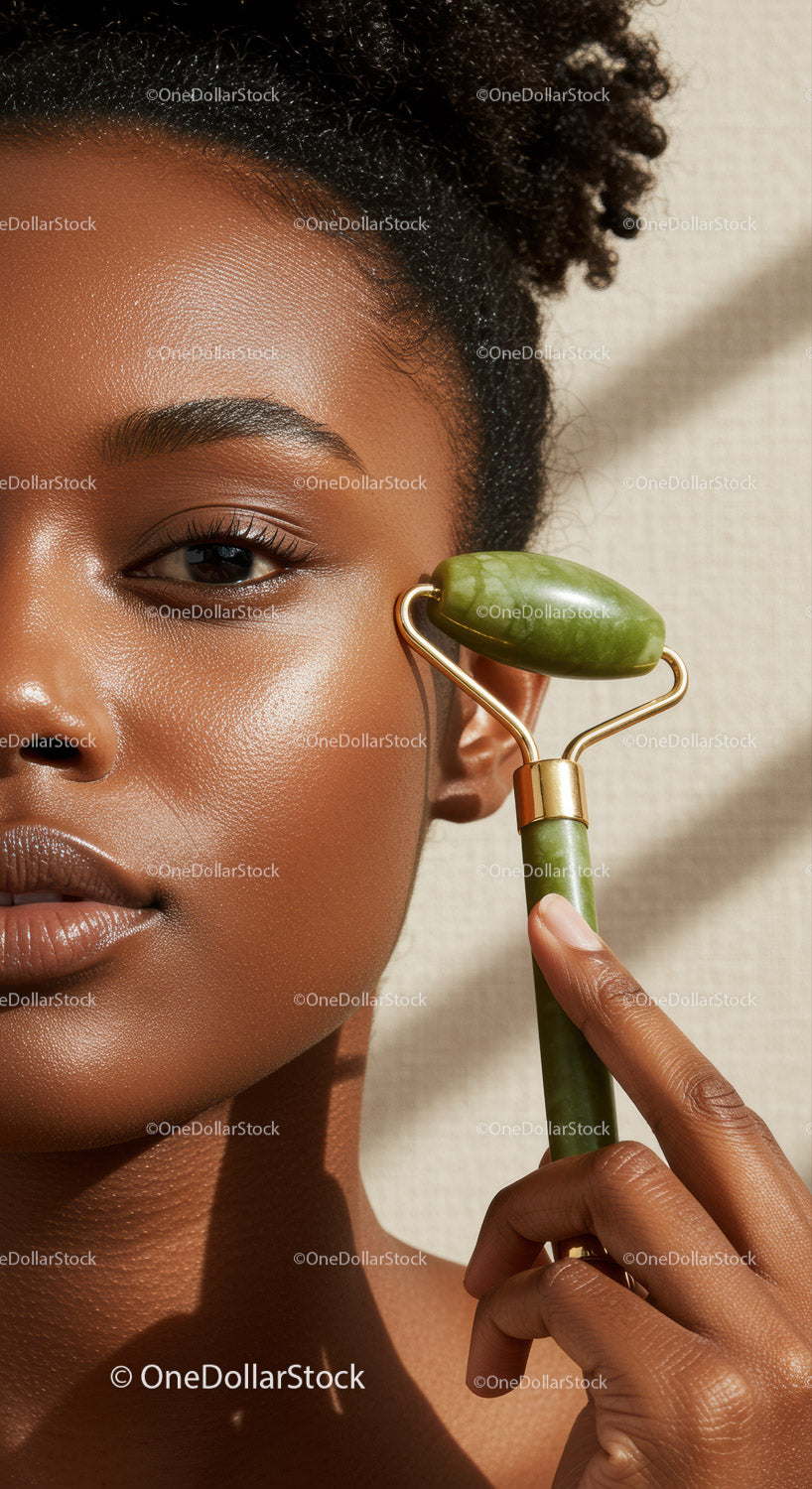 Close-Up of a Woman Using Jade Roller for Glowing Skin and Facial Rejuvenation