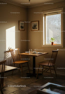 Cozy dining area with sunlight streaming through window