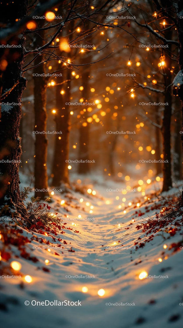 Snowy forest path glowing with warm fairy lights