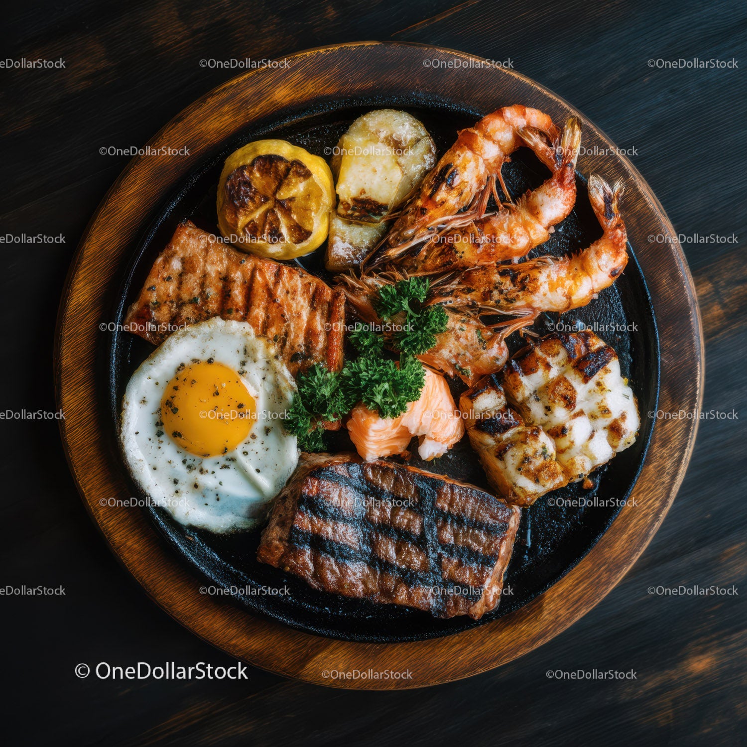 Seafood and Grilled Meat Platter with Fried Egg and Vegetables