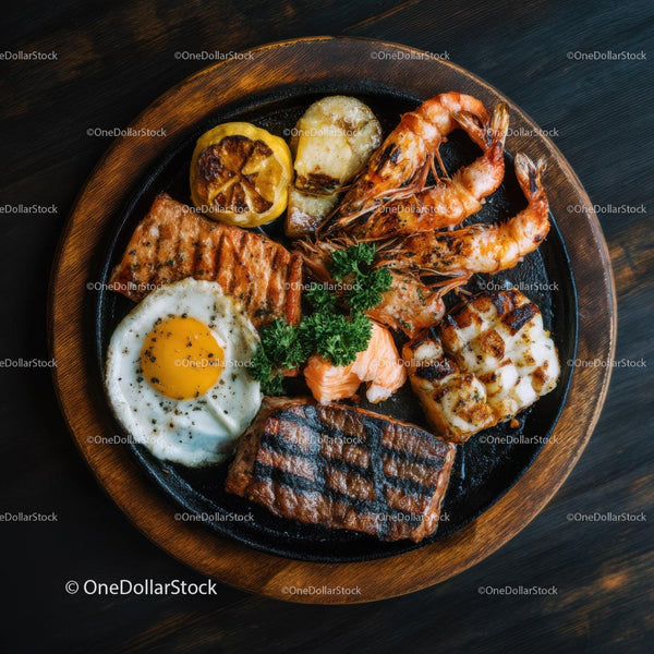 Seafood and Grilled Meat Platter with Fried Egg and Vegetables