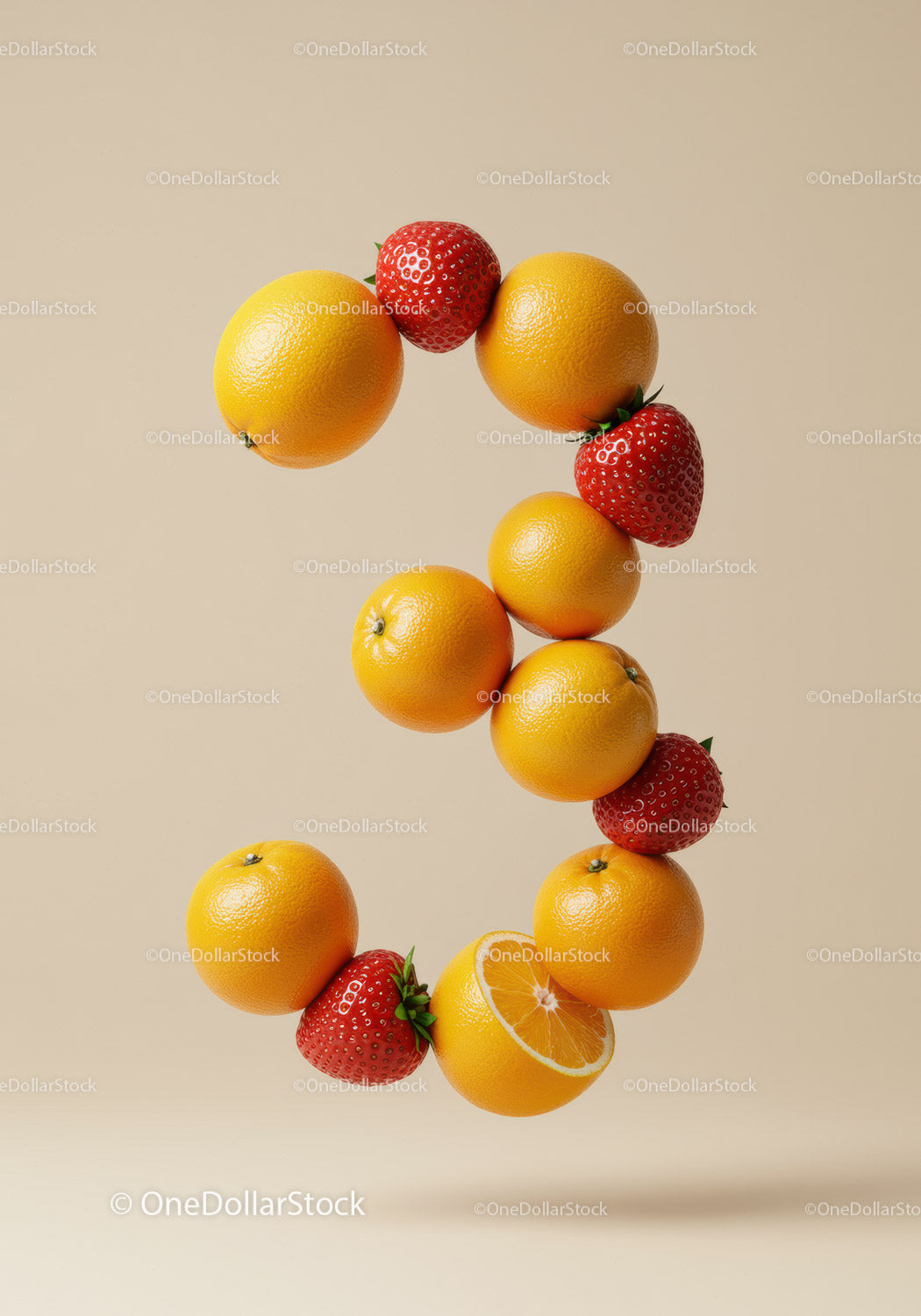 Floating number three composed of fresh fruits