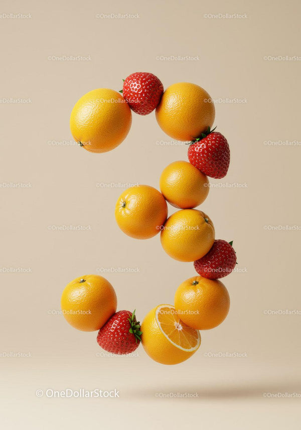 Floating number three composed of fresh fruits
