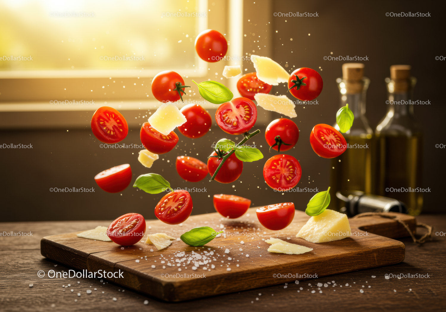 Fresh Ingredients Floating Above Wooden Cutting Board