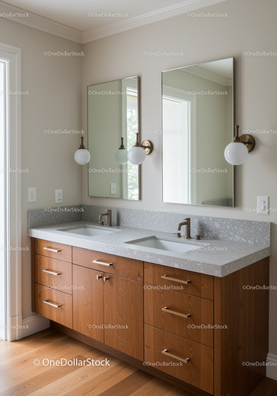 Modern Double Bathroom Vanity with Wooden Cabinets and Wall Mirrors