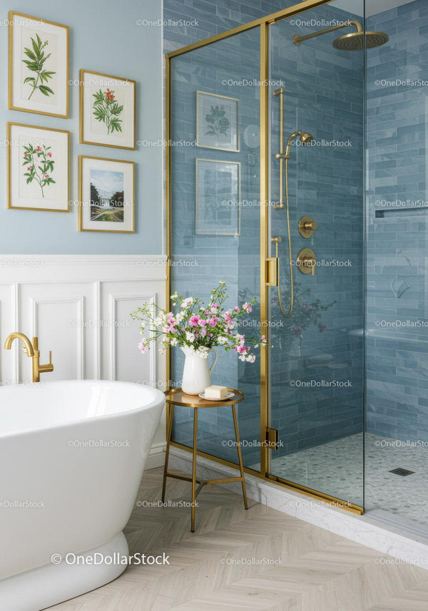 Modern bathroom with freestanding tub and floral decor