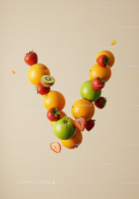 Colorful fresh fruits forming letter V on beige background