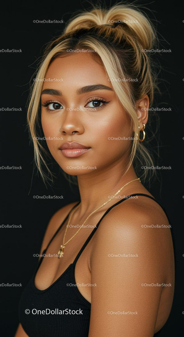 Young woman with blonde hair in black tank top