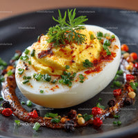 Deviled Egg with Chives and Spices on Black Plate