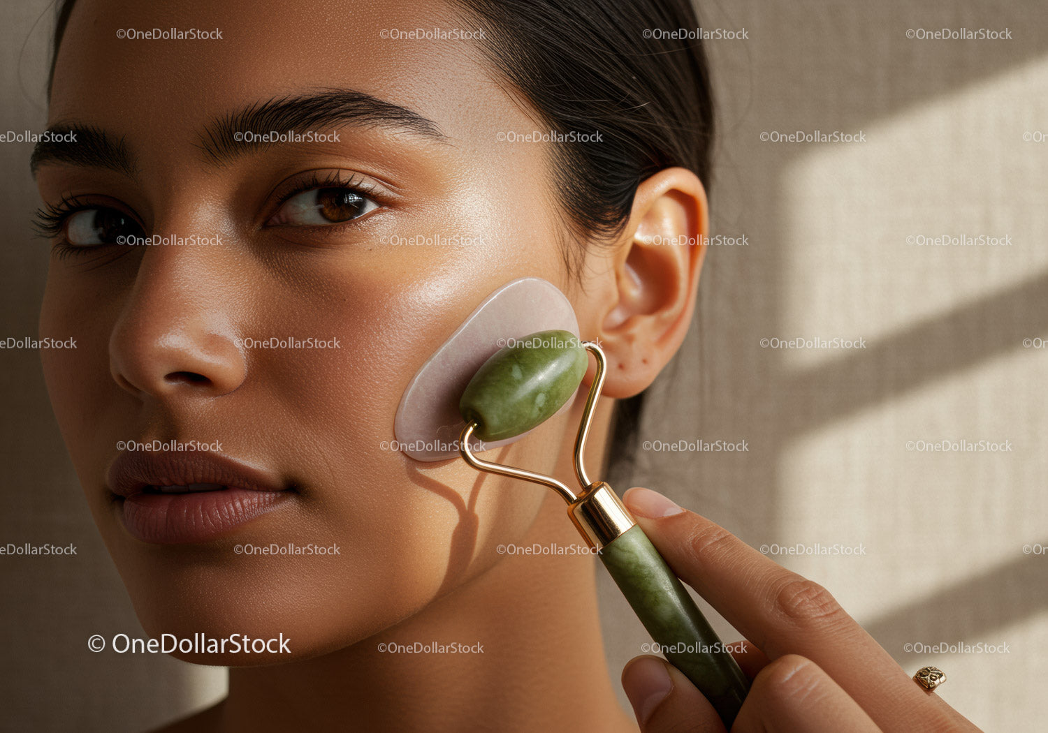 Close-up of Woman Using Jade Roller for Facial Skincare