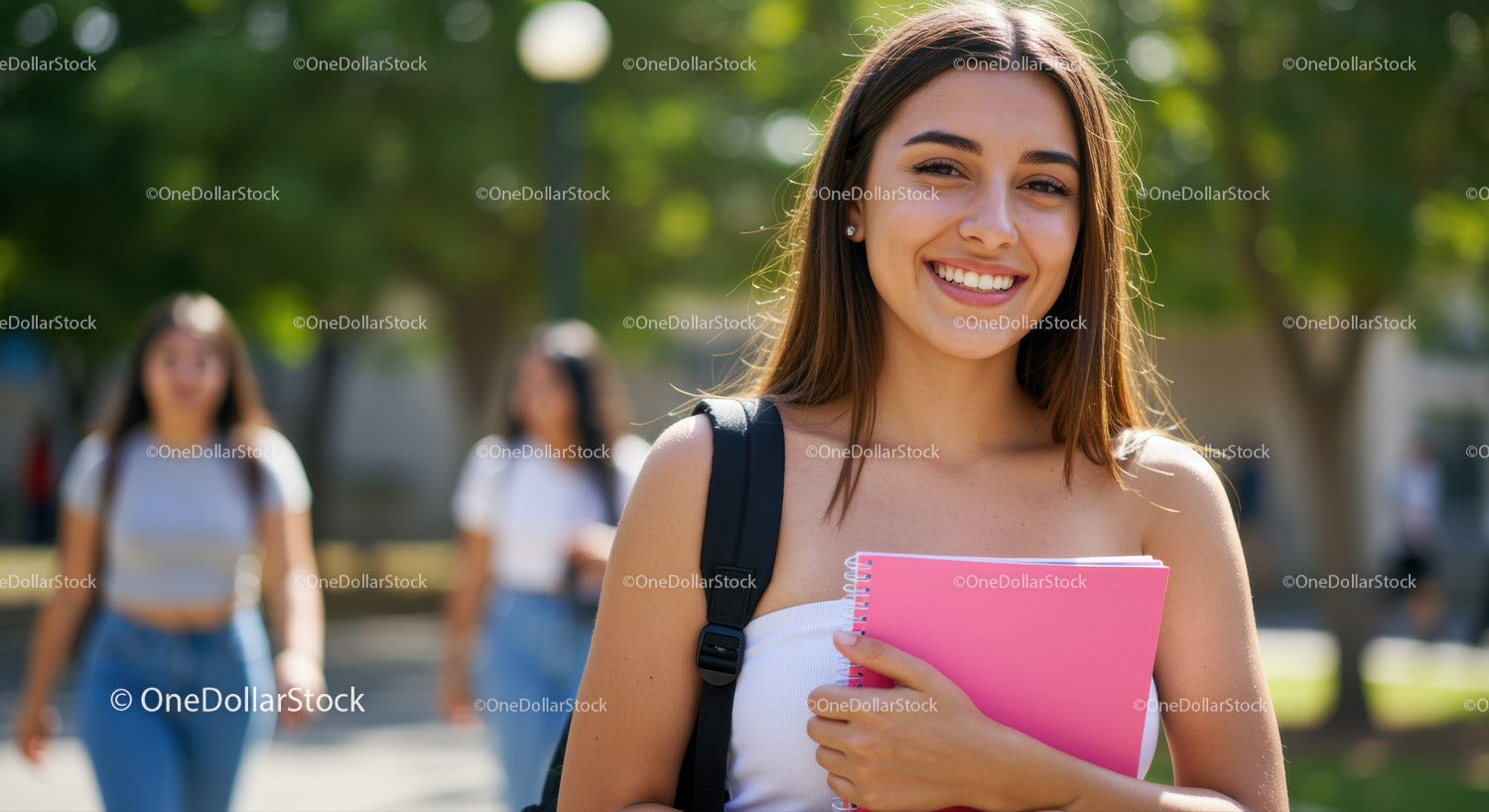 Szczęśliwy młody student trzymający różowy notes na zewnątrz