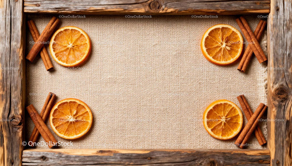 Dried orange slices and cinnamon sticks on rustic fabric