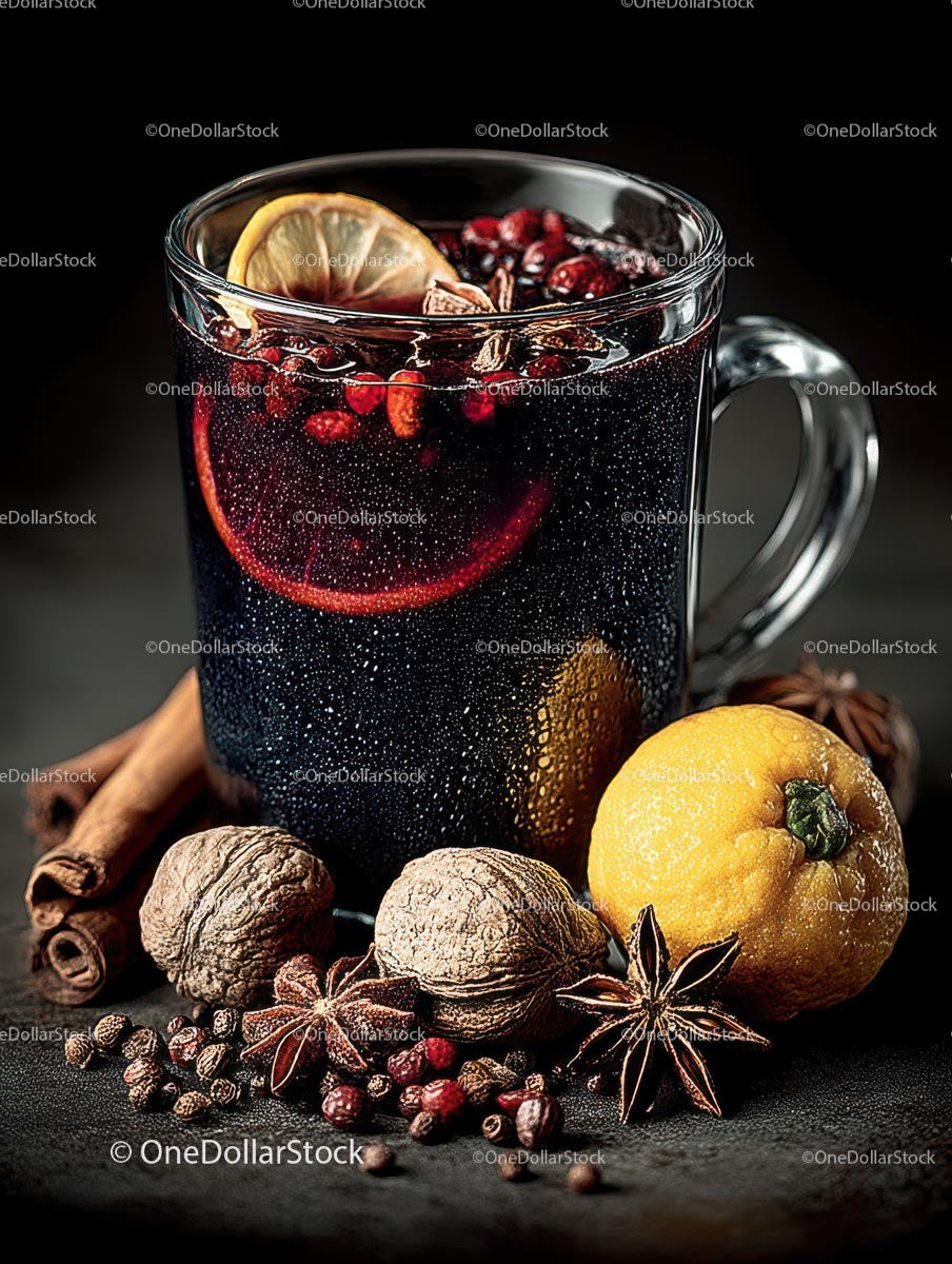 Mulled Wine with Spices and Citrus in Rustic Setting