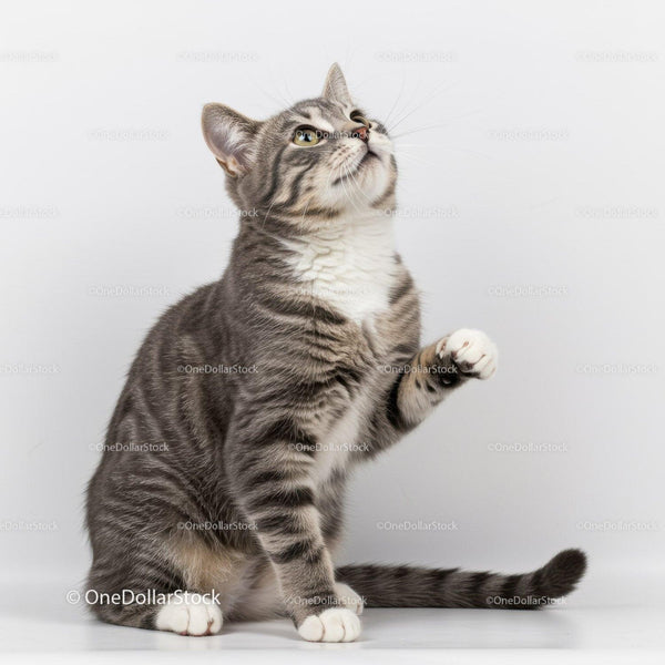 Playful gray tabby cat raising paw against white background