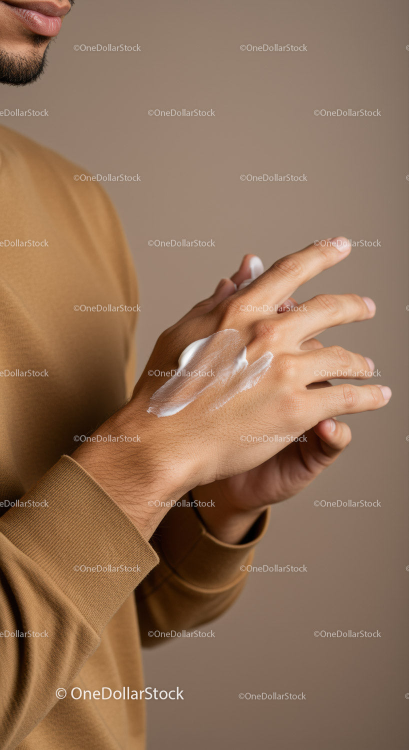 Close-Up of Man Applying Moisturizer Showing Hand Care Routine