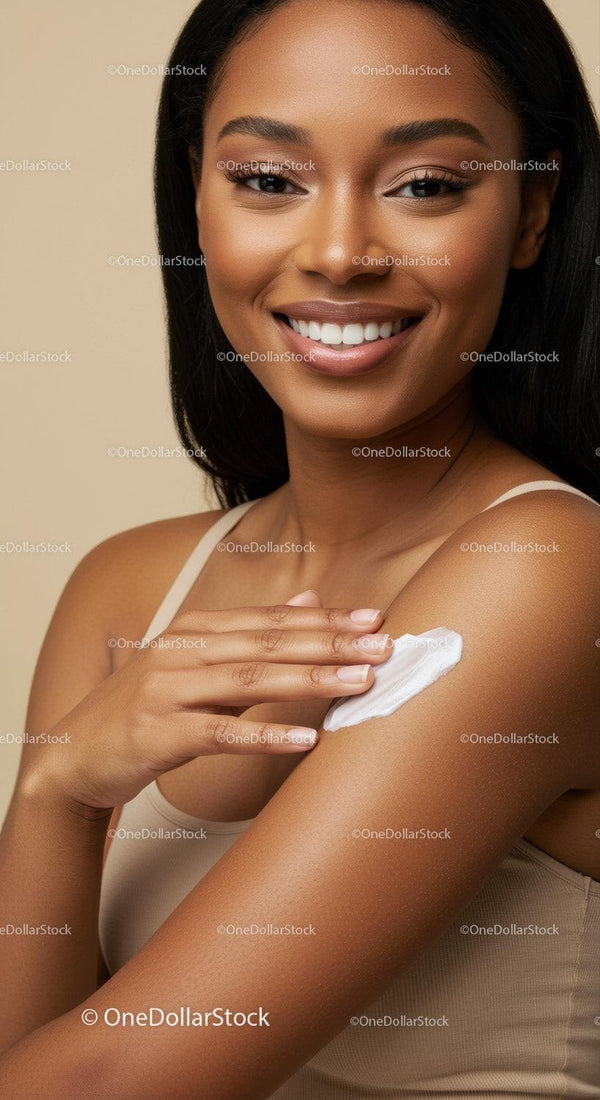 Beautiful Smiling Woman Applying Lotion with Perfect Skin