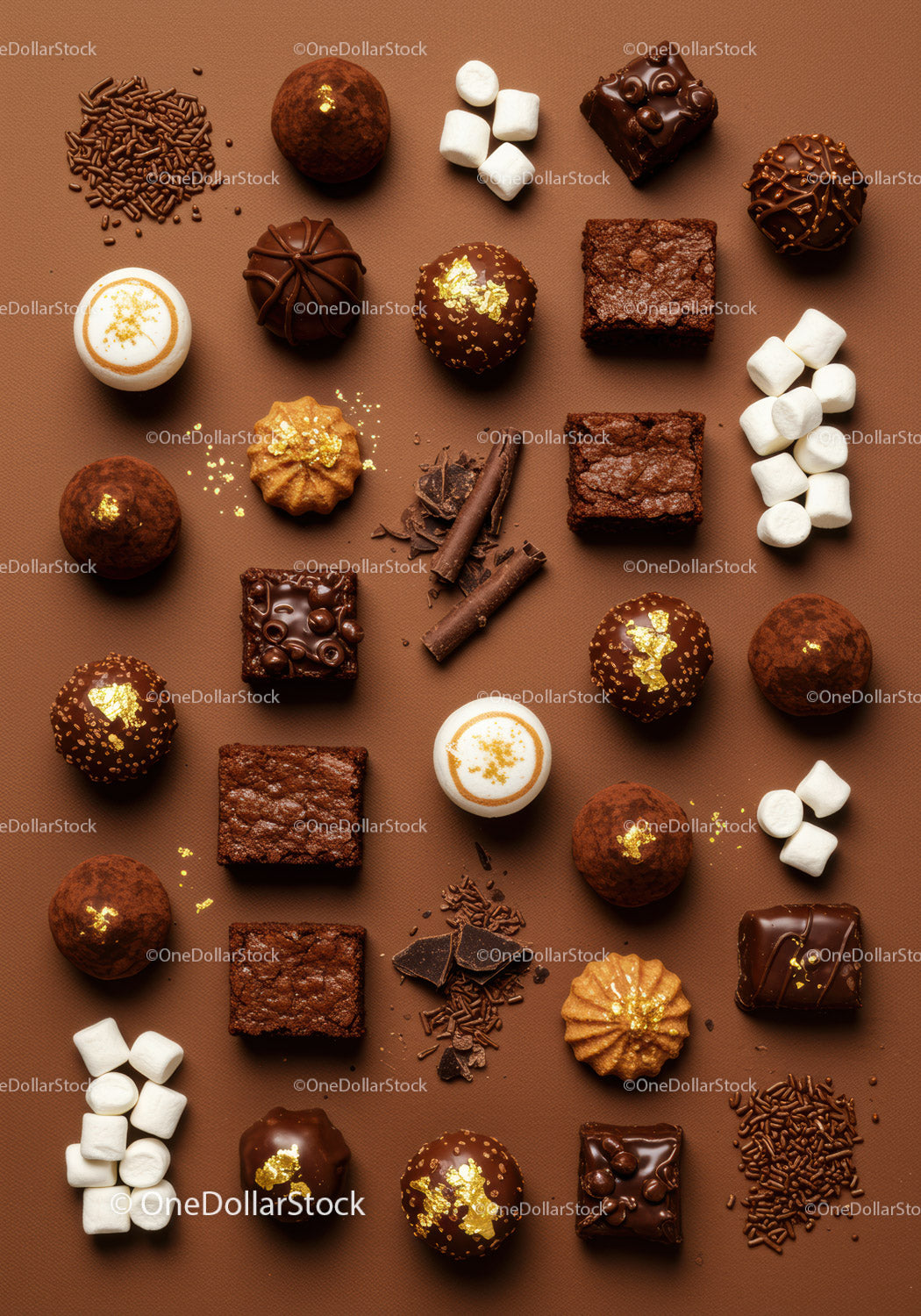 Assorted gourmet chocolates and marshmallows on brown surface