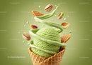 Pistachio Ice Cream Scoop with Nuts and Waffle Cone