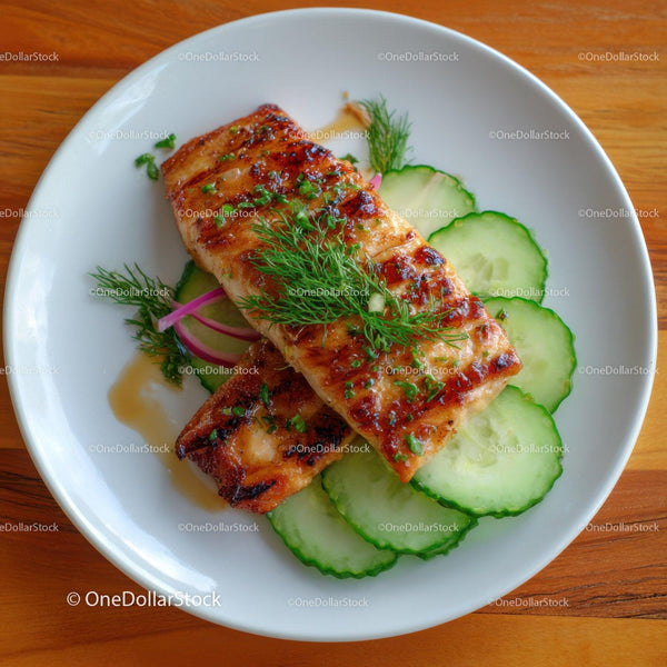 Grilled Salmon Fillet with Fresh Vegetables and Herbs on White Plate