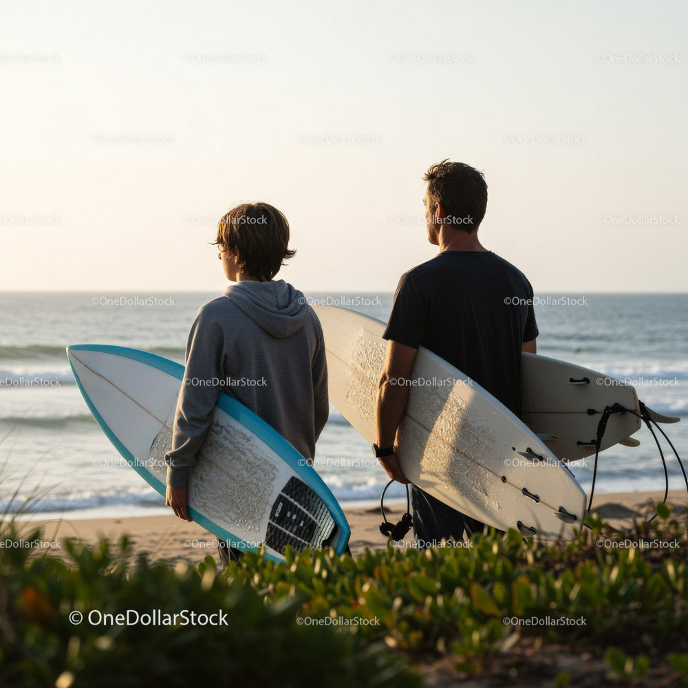 Two surfers with surfboards on the beach at sunrise in summer
