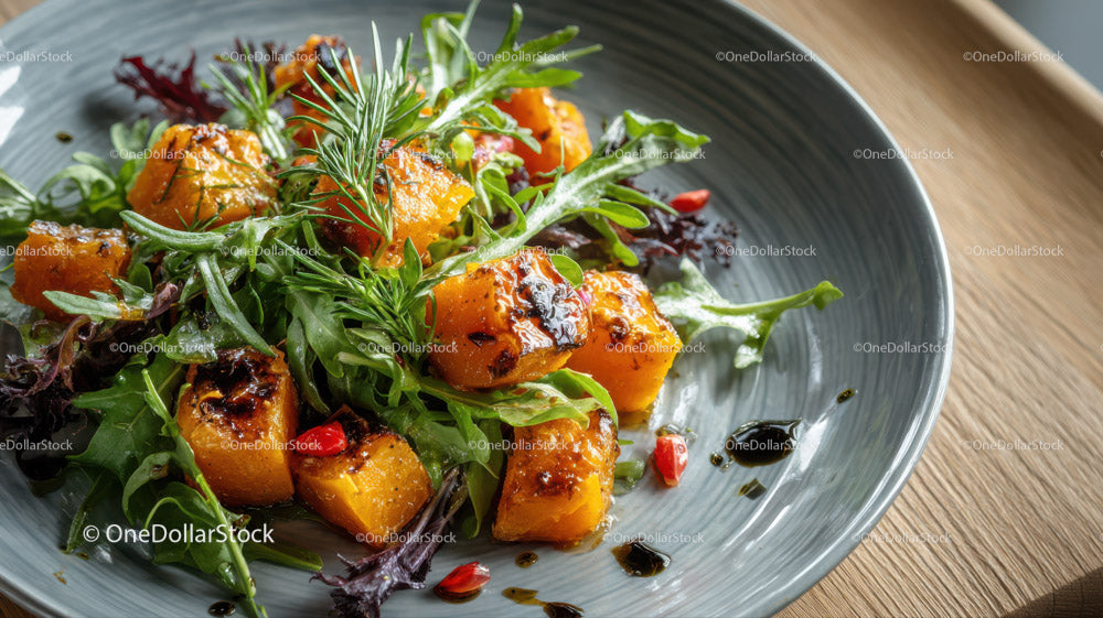 Roasted Sweet Potatoes and Mixed Greens Salad on a Modern Plate