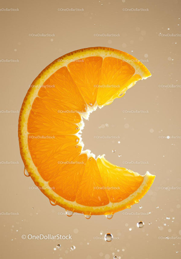 Fresh orange slice with water droplets in soft light