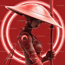 Futuristic Samurai in Neon Red Armor Holding Umbrella
